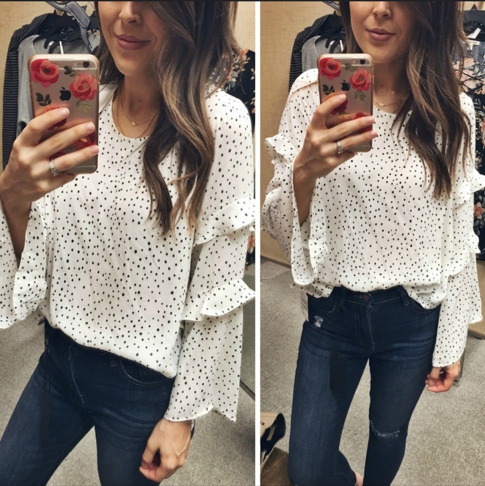 Evereve NEW Allison Joy Polka-Dot Long Bell Ruffle Sleeve Blouse Flutter sz XL